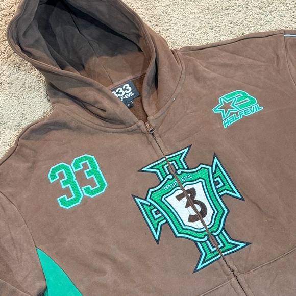 🔥Half Evil 333 Full Zip Hoodie Brown Embroidered Logo Size Large Rare NWT - Picture 2 of 6